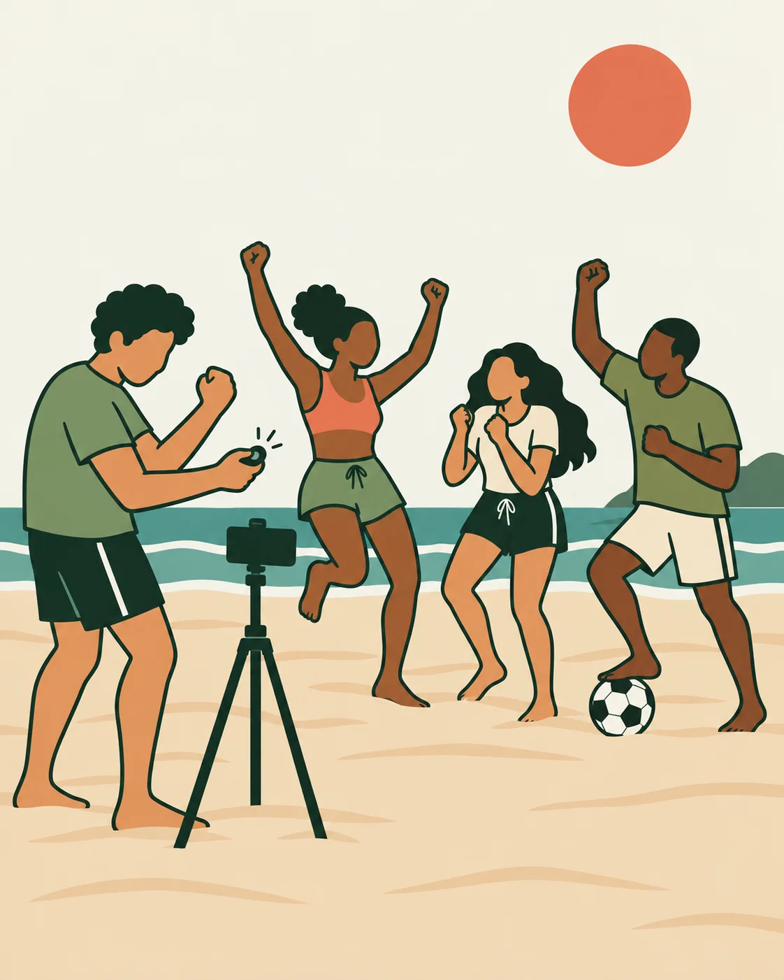 Ilustração de um jogador acionando o controle enquanto a turma comemora